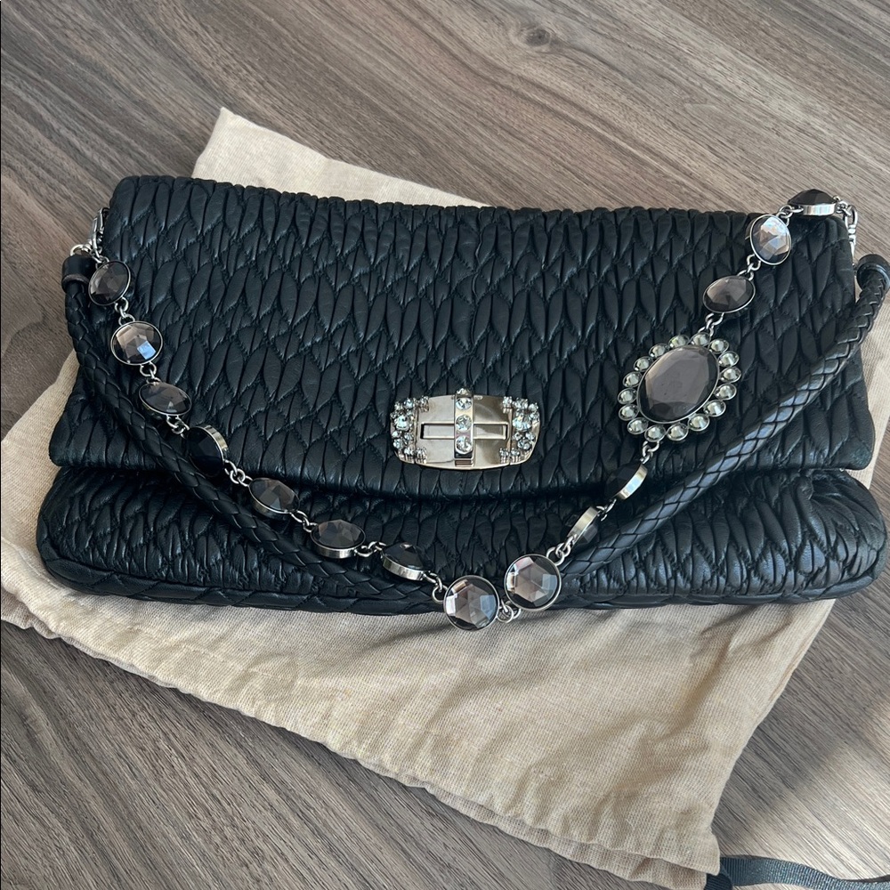 Authentic Miu Miu Black Textured Clutch with Jewel Chain